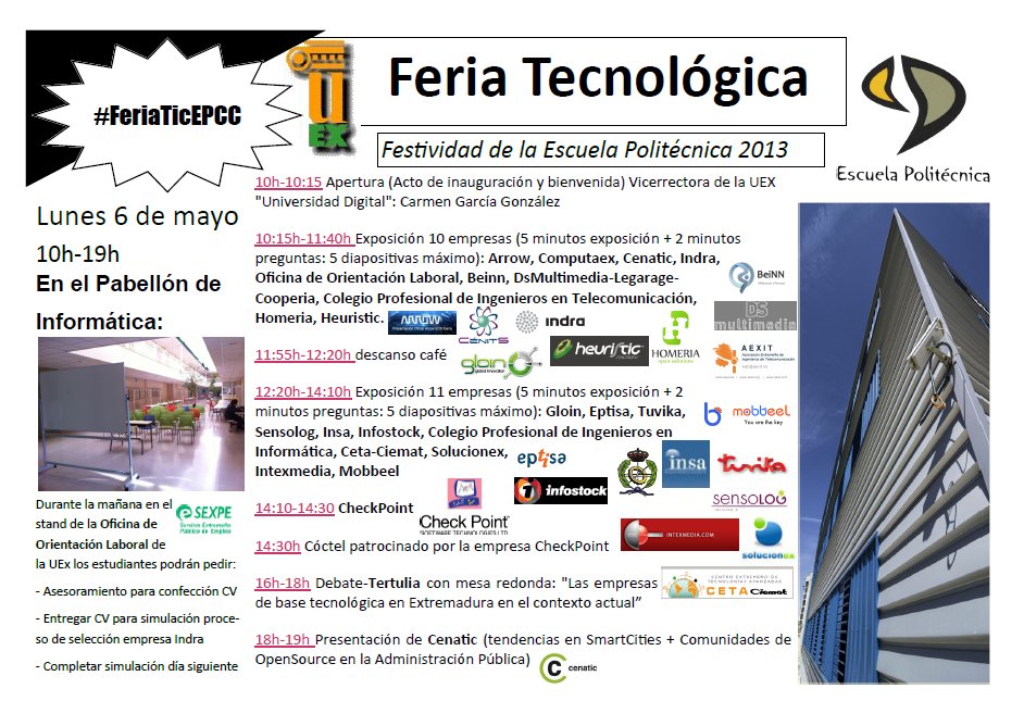 Feria Tecnológica en la semana de la Escuela Politécnica el lunes 6 mayo de 10h-19h #FeriaTicEPCC