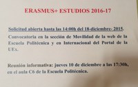 Convocatoria ERASMUS+ ESTUDIOS 2016-17 hasta 18dic 2015