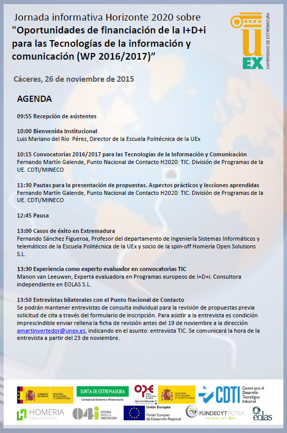 Jornada informativa Horizonte 2020 sobre "Oportunidades de financiación de la I+D+i para las TICs" jueves 26nov